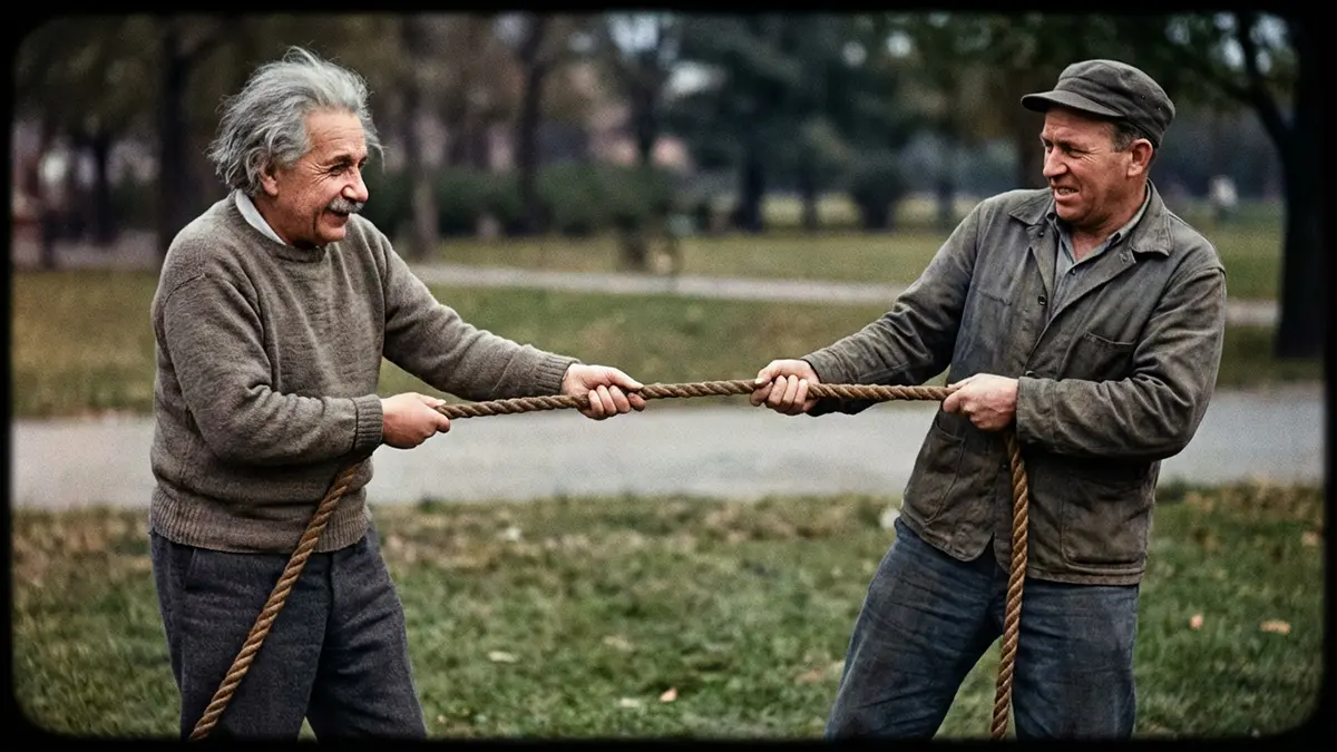 Einstein und ein Mensch beim Tauziehen